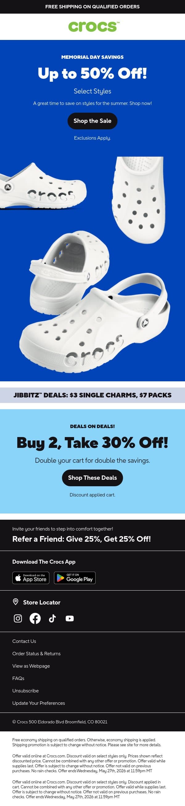 Memorial Day weekend with Up to 50% off? Say less! email from Crocs screenshot