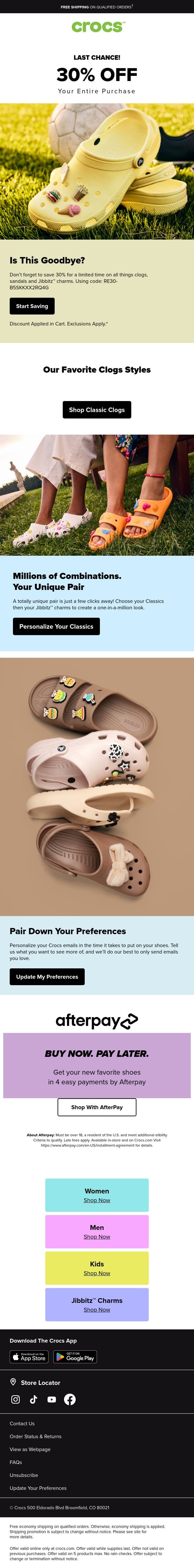 Is this goodbye? Save 30% today! email from Crocs screenshot