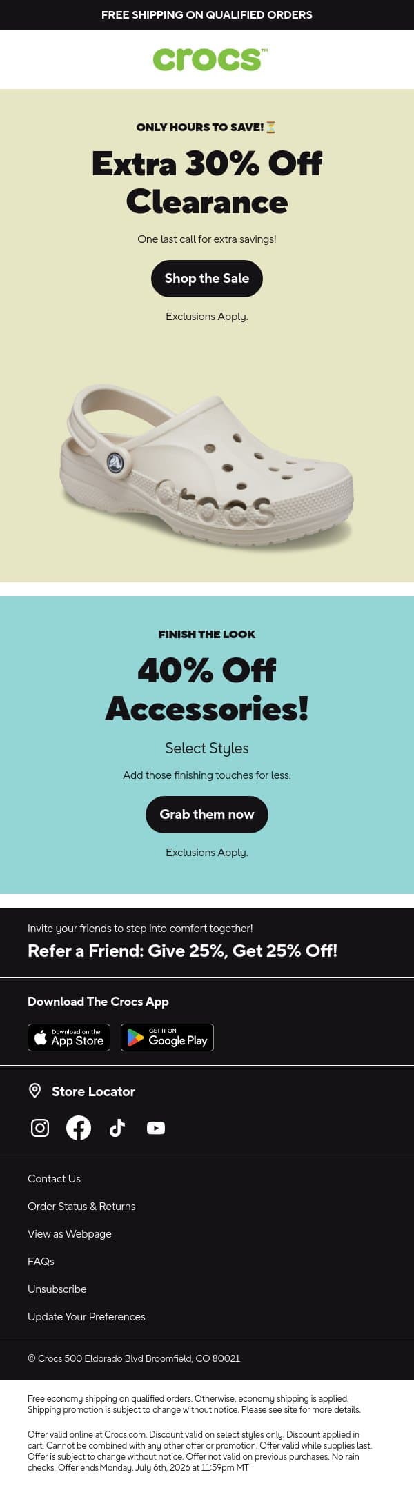 Extra 30% off clearance is wrapping up! email from Crocs screenshot
