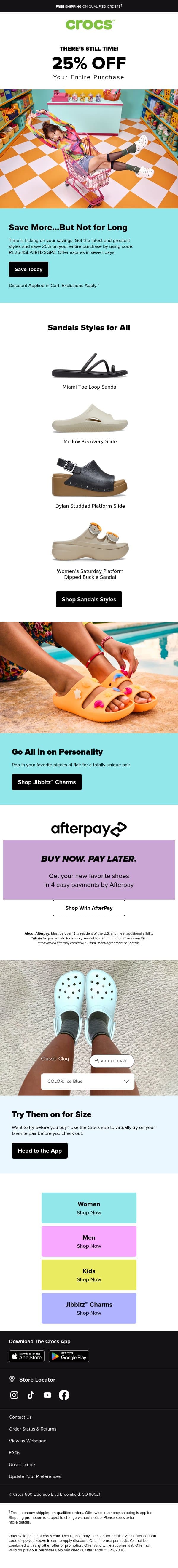 Don't forget to save 25% on your purchase! email from Crocs screenshot