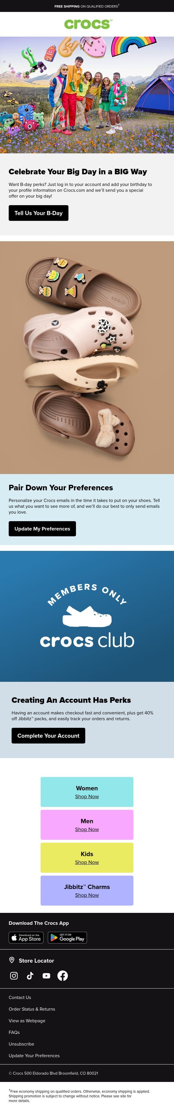 Tell us your birthday and we’ll send you something special email from Crocs screenshot