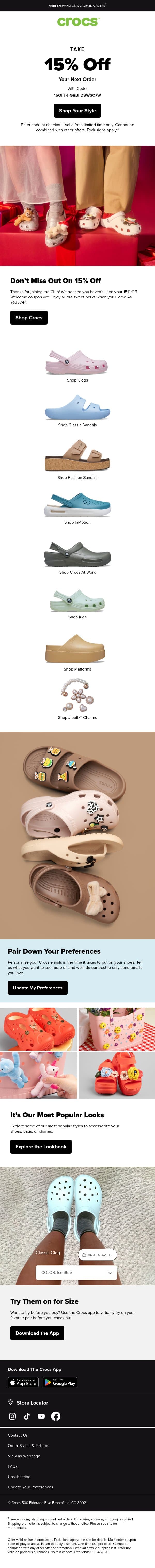 Don't Miss Out On Your 15% OFF Welcome Offer! 💸 email from Crocs screenshot
