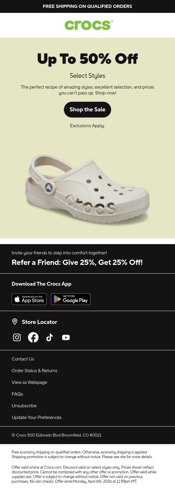Grab up to 50% off now! email from Crocs screenshot