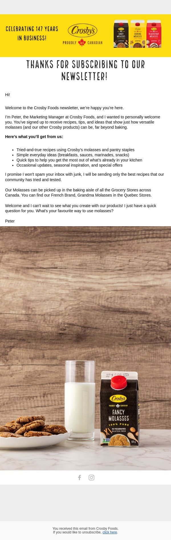 Welcome! From Our Crosby's Kitchen to yours! email from Crosby's screenshot