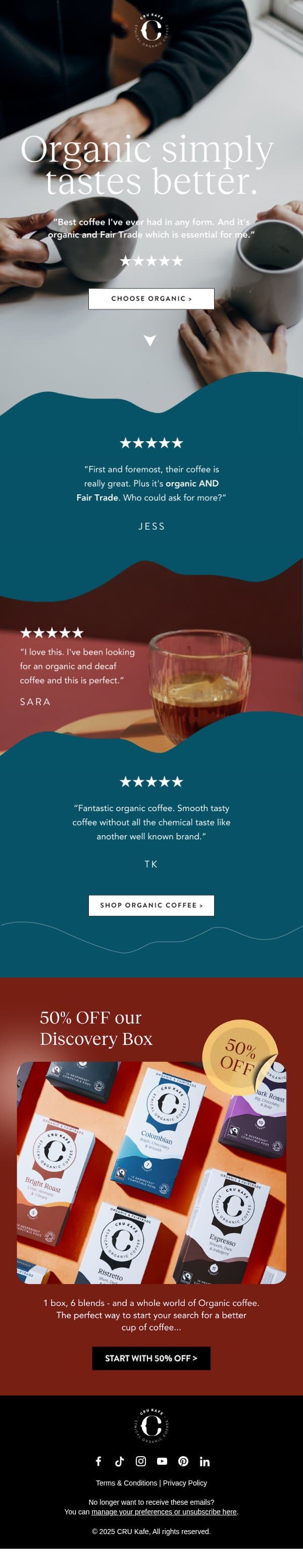 "The best coffee pods you can buy" ⭐️ email from Cru Kafé screenshot