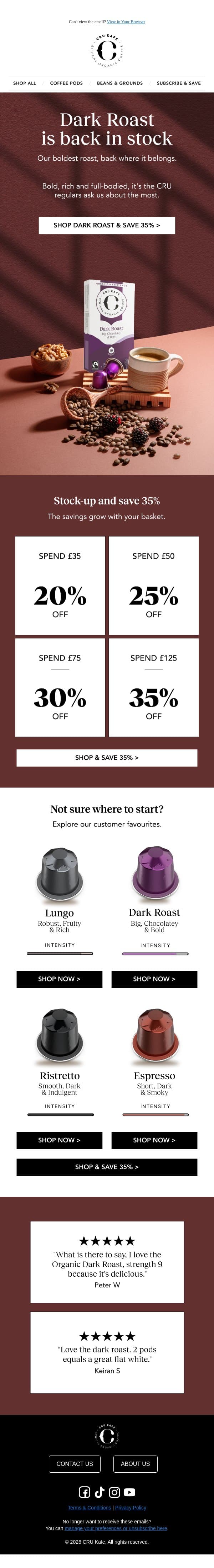 CRU's beloved Dark Roast is back! email from Cru Kafé screenshot