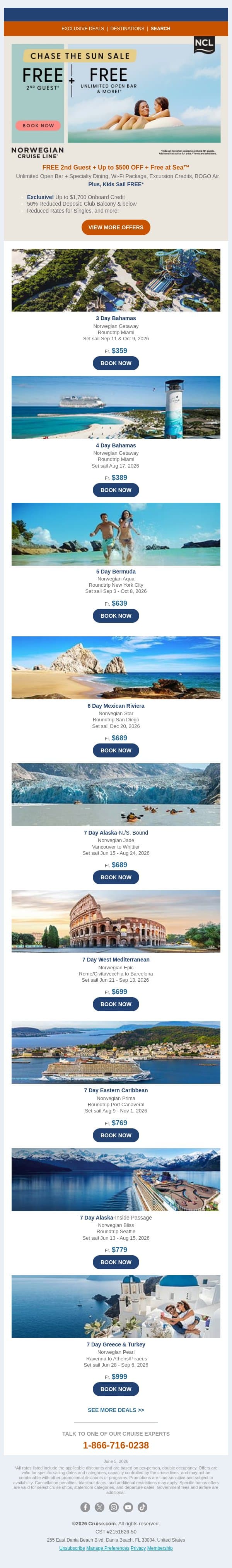 FREE 2nd Guest + Up to $500 OFF + Free at Sea™ on Norwegian Cruises email from Cruise screenshot