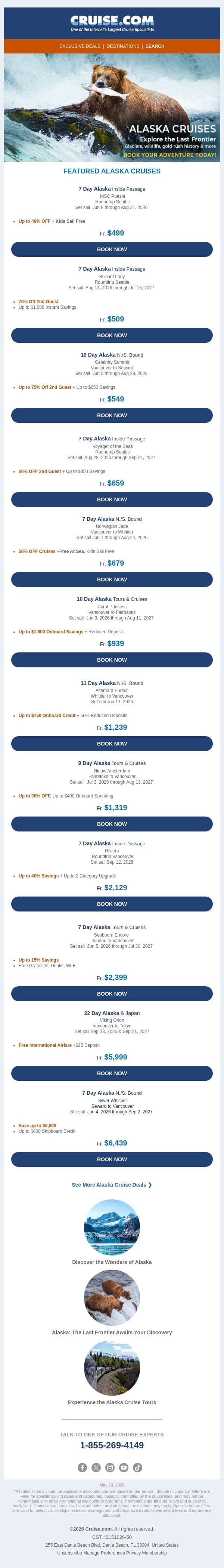 🐋 Explore Alaska with up to 50% Savings! email from Cruise screenshot