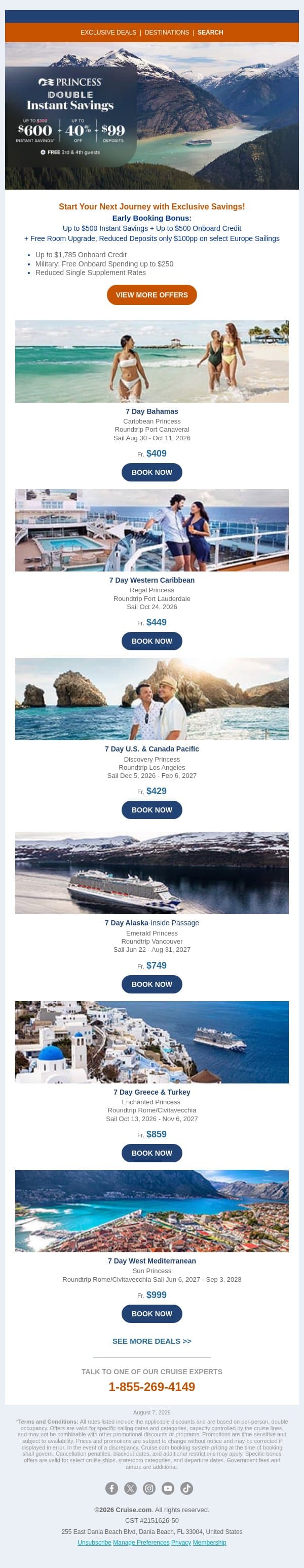 Double Instant Savings on Princess Cruises: Up to $600 Savings + Up to 40% OFF + FREE 3rd & 4th Guests email from Cruise screenshot