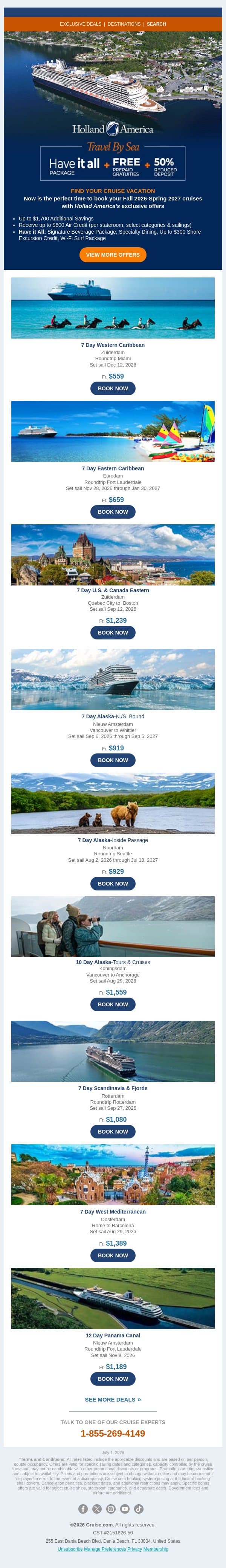 🚢 Free Gratuities + 50% Reduced Deposit on Holland America email from Cruise screenshot