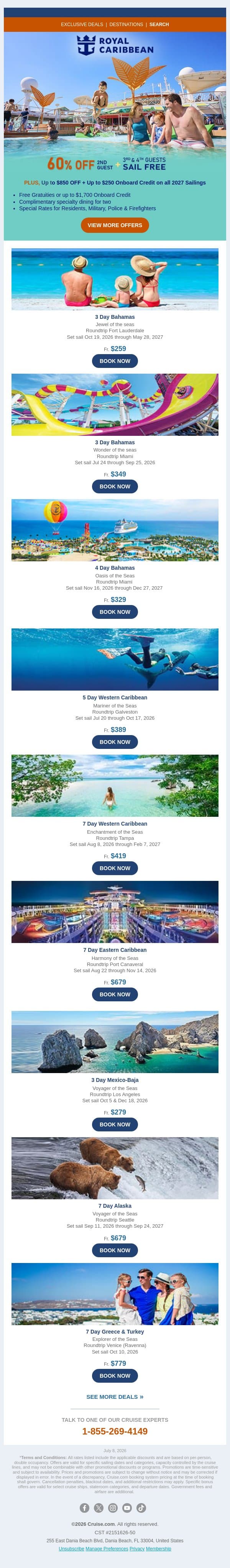 🌴 60% OFF 2nd Guest + Up to $850 OFF on Royal Caribbean email from Cruise screenshot