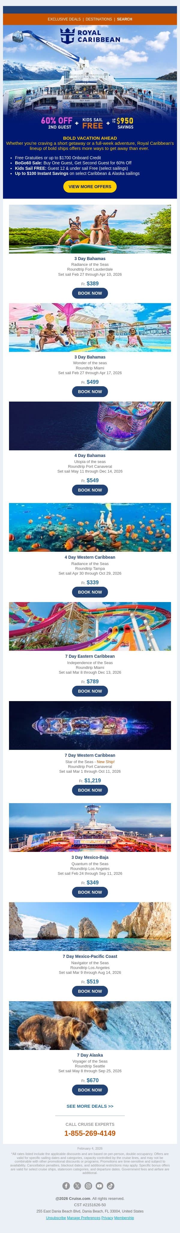 MEGA SALE on Royal Caribbean Cruises: Up to $1,050 Savings email from Cruise screenshot
