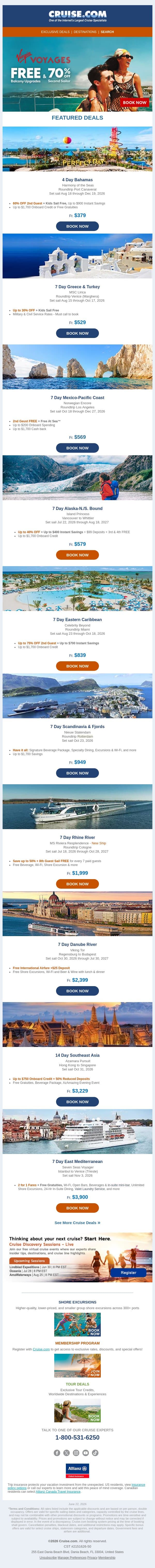 🌴 FREE Room Upgrades, up to $1,700 Cash Back & more! email from Cruise screenshot