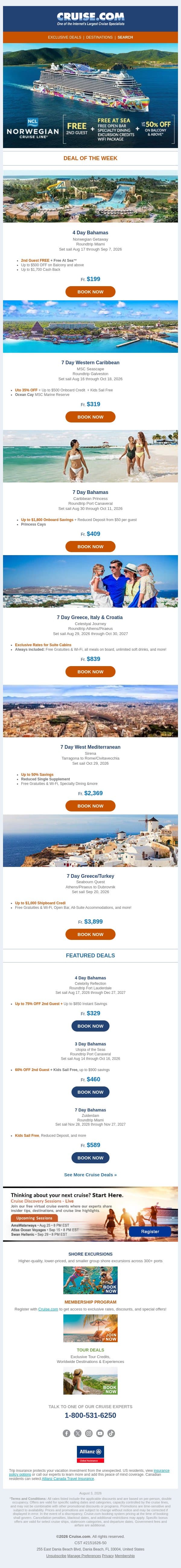 🌴 Unmissable Offers: Up to $1,800 Savings & Free Perks! email from Cruise screenshot