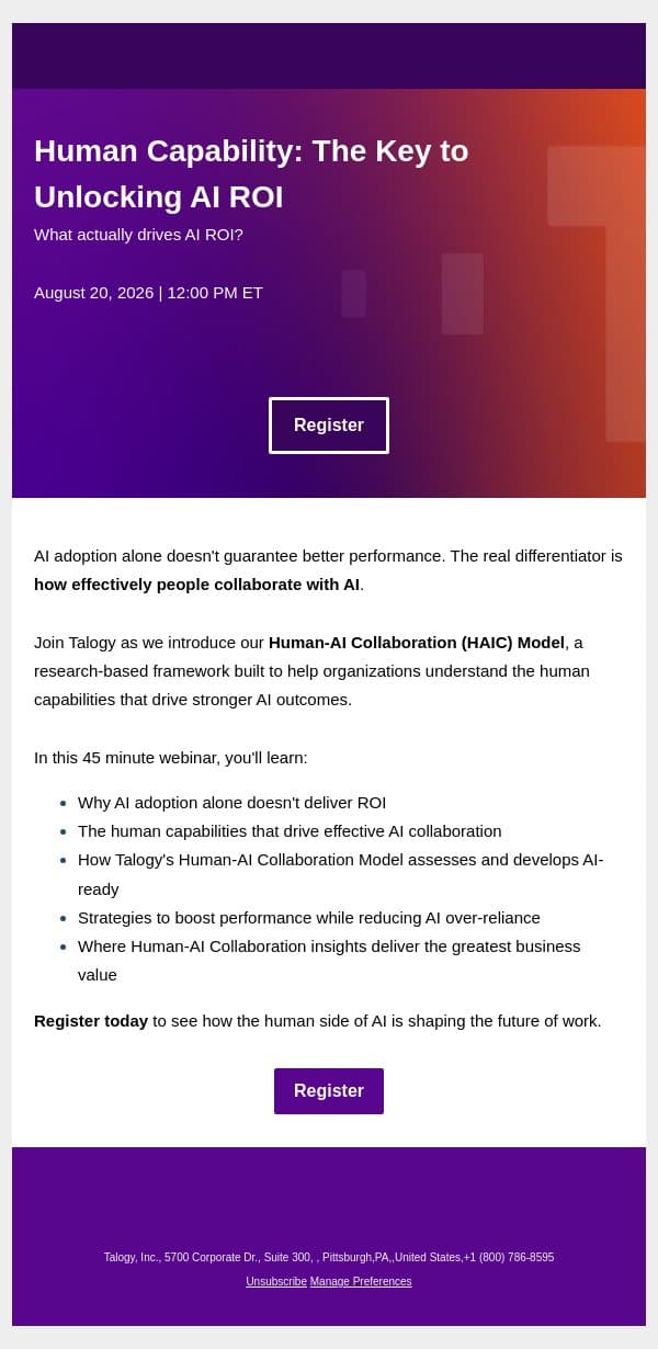 New Webinar: Human Capability: The Key to Unlocking AI ROI email from Cubiks screenshot