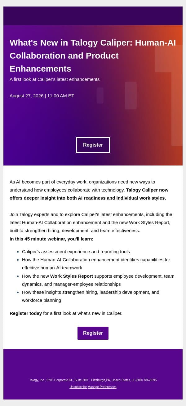 Upcoming Webinar: What's New in Talogy Caliper email from Cubiks screenshot