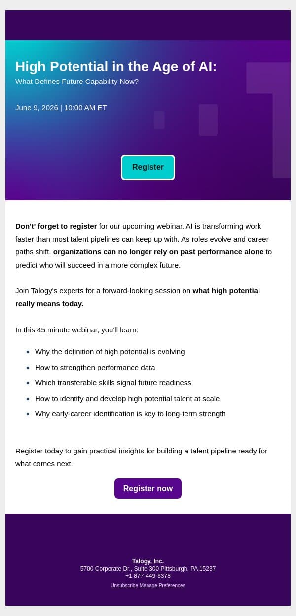 Join our upcoming webinar: High Potential in the Age of AI email from Cubiks screenshot