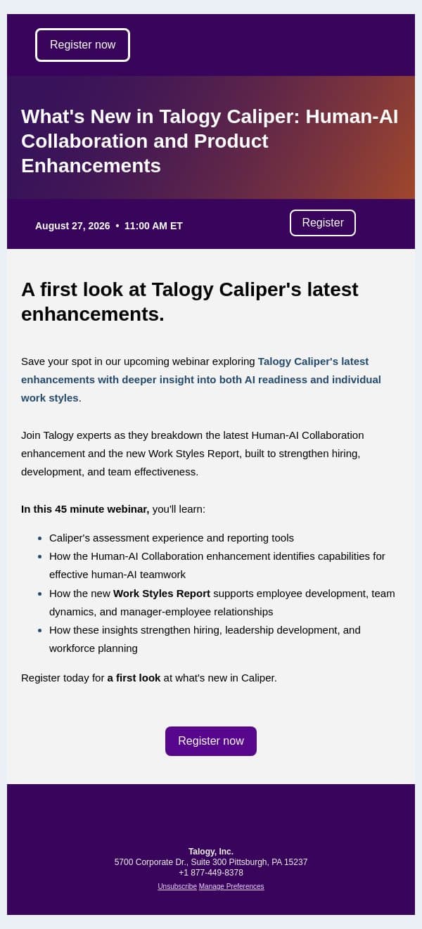 Explore AI Collaboration with Talogy Caliper - Register Now email from Cubiks screenshot