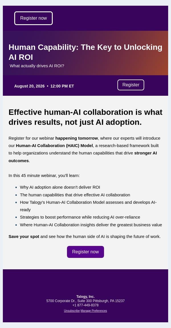 Tomorrow's Webinar: Human Capability: The Key to Unlocking AI ROI email from Cubiks screenshot