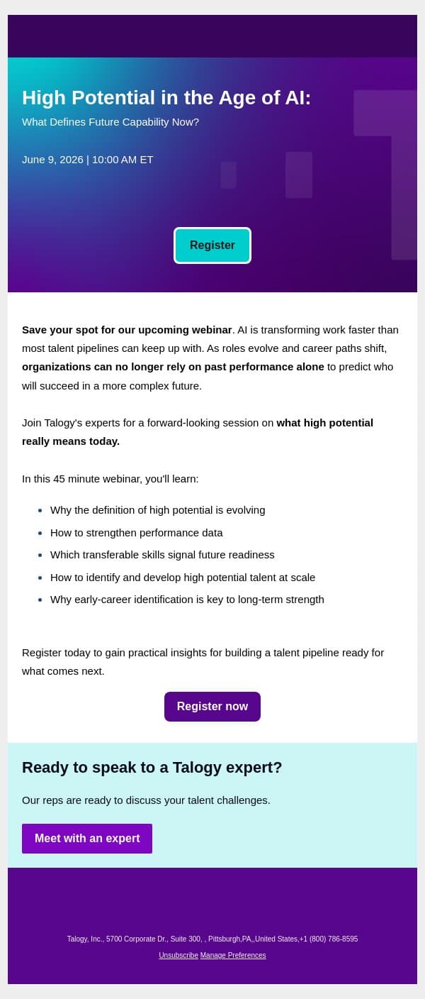 Register for our upcoming Webinar: High Potential in the Age of AI email from Cubiks screenshot