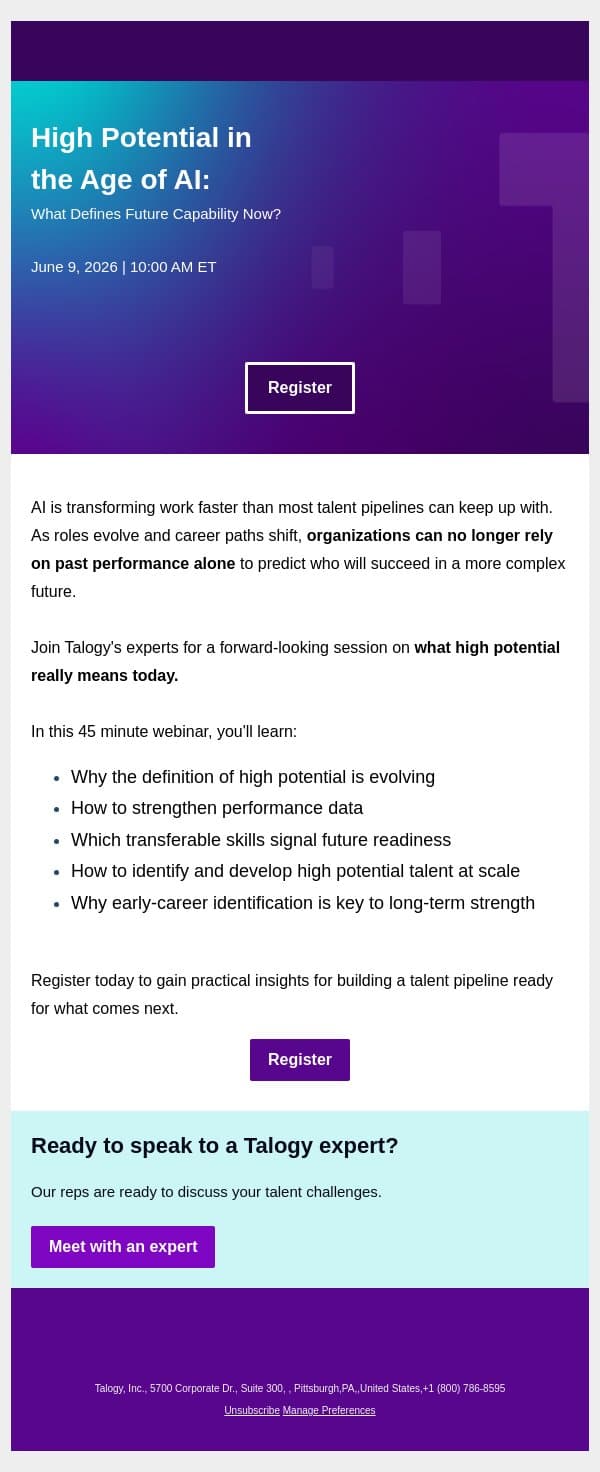 Upcoming Webinar: High Potential in the Age of AI email from Cubiks screenshot