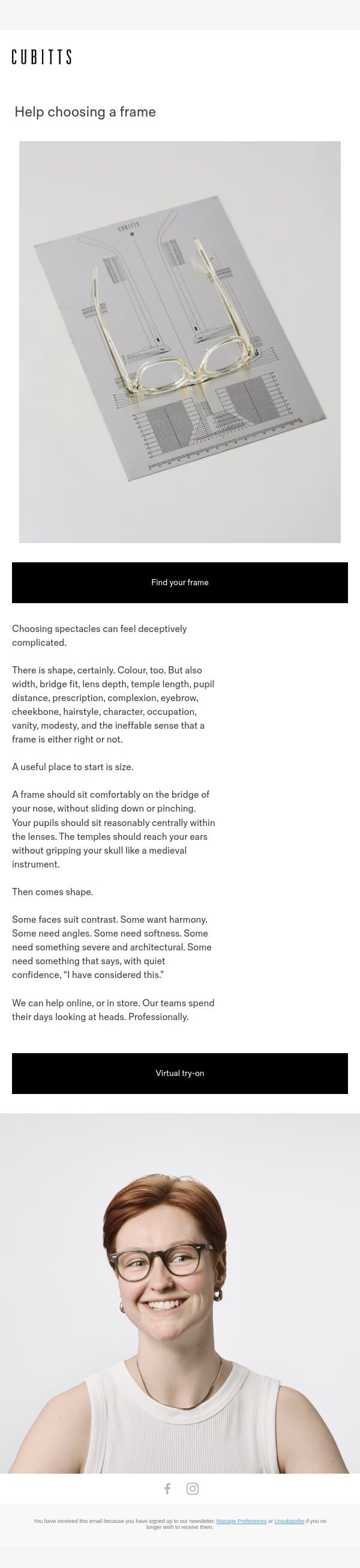 Help choosing a frame email from Cubitts screenshot