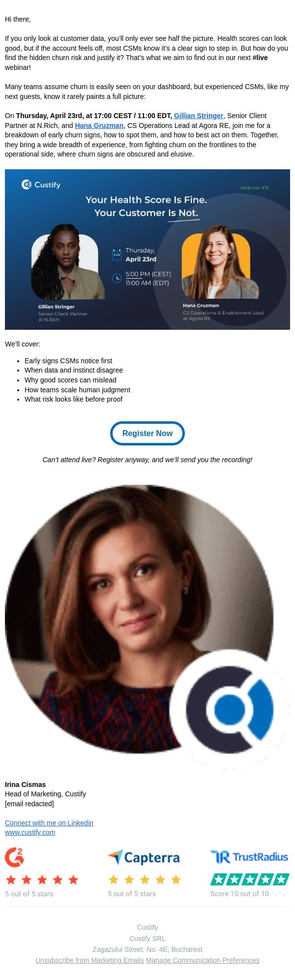 Healthy on Paper, Churning in Reality email from Custify screenshot