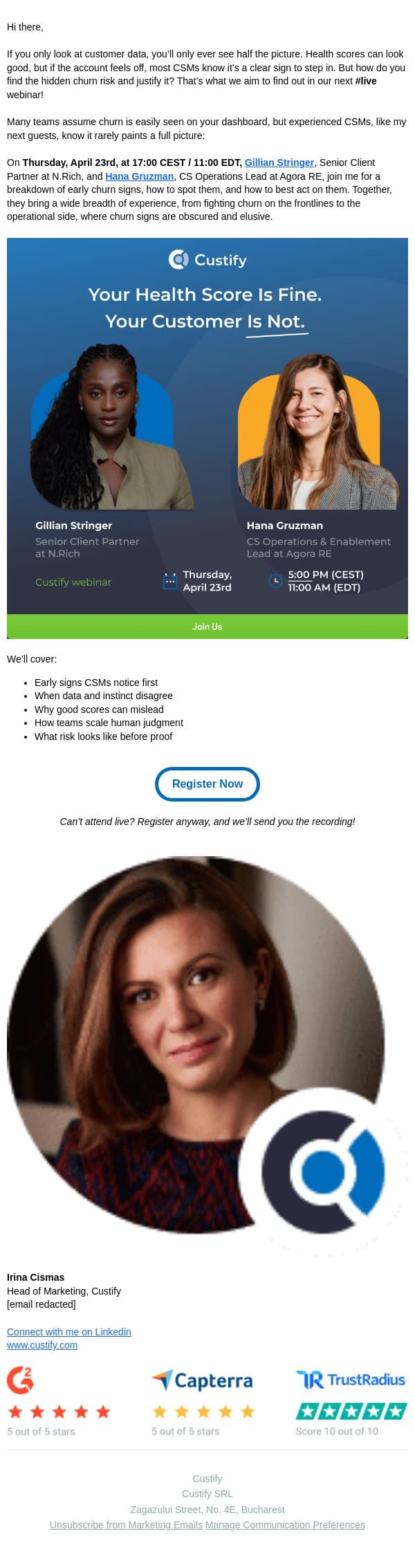 Your Health Score Is Fine. Your Customer Is NOT email from Custify screenshot