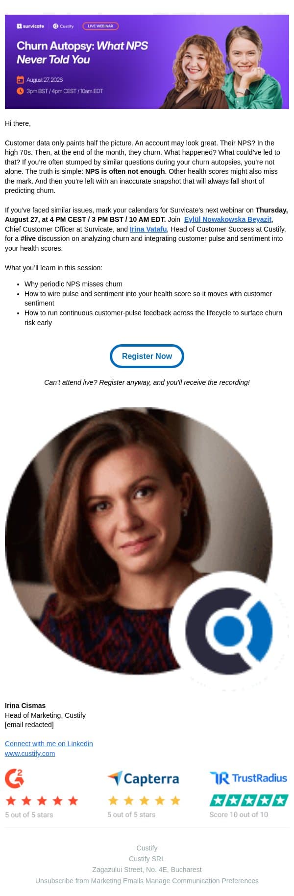 Churn Autopsy: What NPS Never Told You email from Custify screenshot