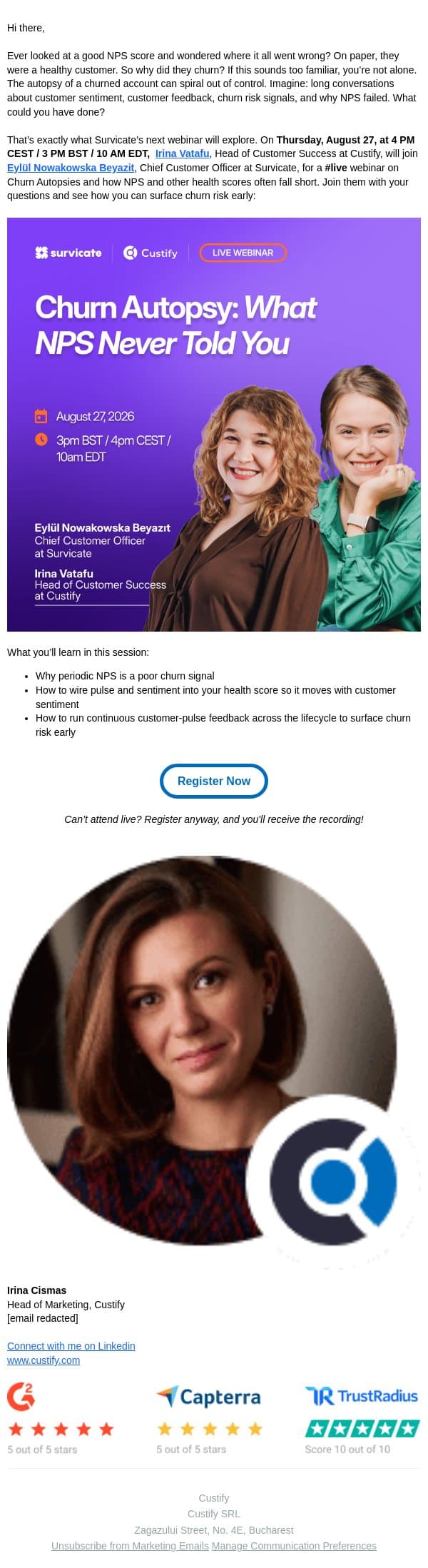 Why NPS Can Miss Potential Churn email from Custify screenshot