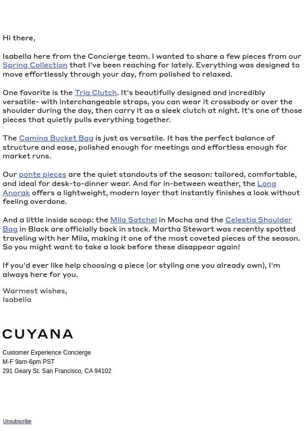 Just In, Your Spring Must-Haves email from Cuyana screenshot