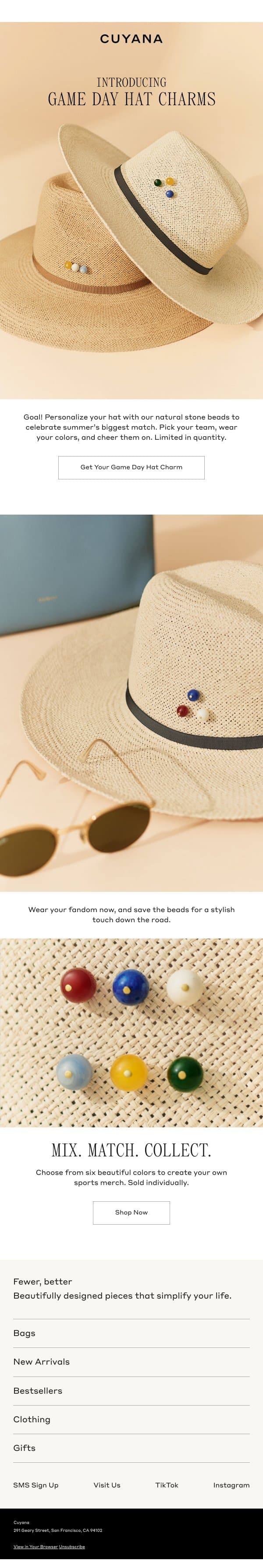 Introducing the Game Day Hat Charm email from Cuyana screenshot