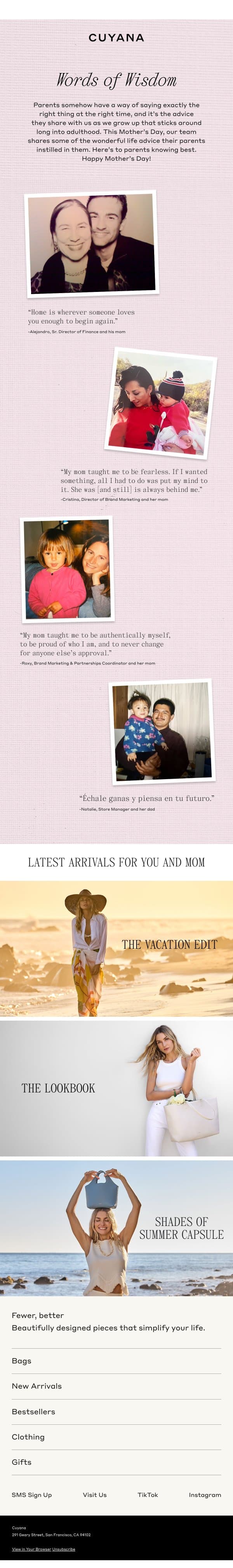 Words of Wisdom. Cuyana Family Pics. email from Cuyana screenshot