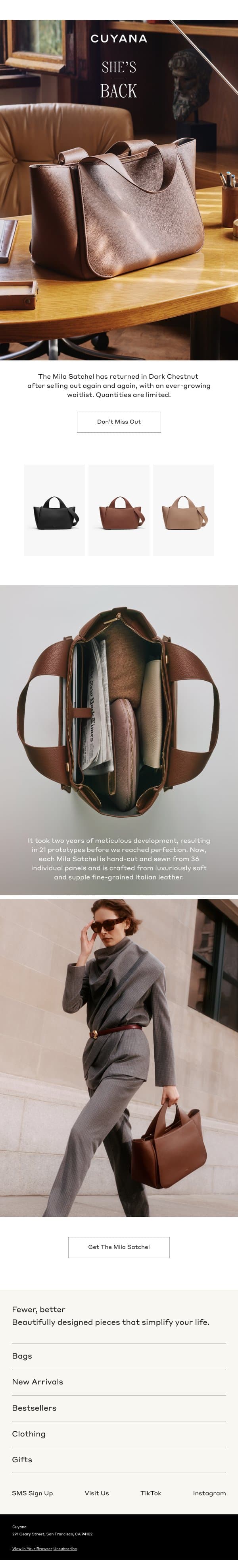 Back in Stock Alert: Mila Satchel email from Cuyana screenshot
