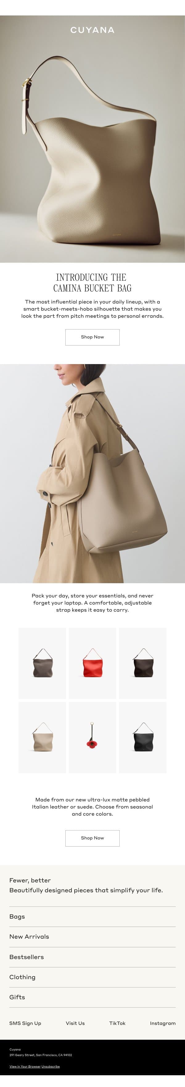 New Camina Bucket Bag email from Cuyana screenshot