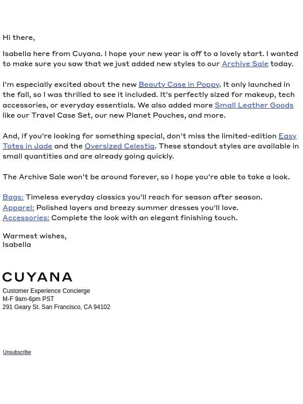 Just in, New Markdowns are Here email from Cuyana screenshot