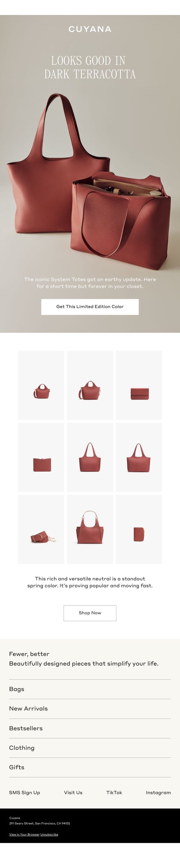 New in Limited Edition Dark Terracotta email from Cuyana screenshot