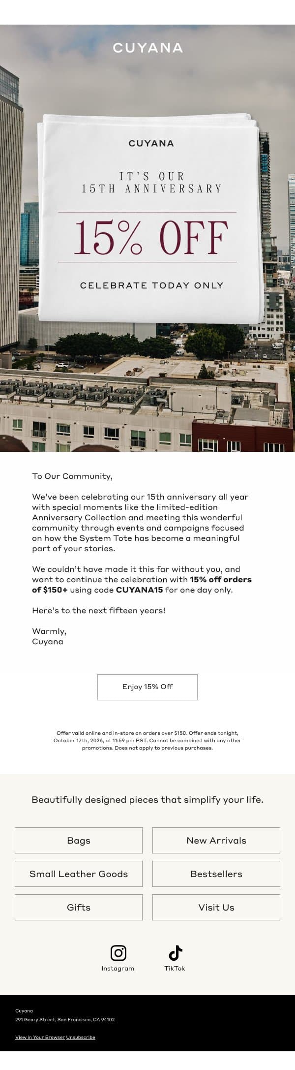 Today Only: 15% Off Starts Now email from Cuyana screenshot