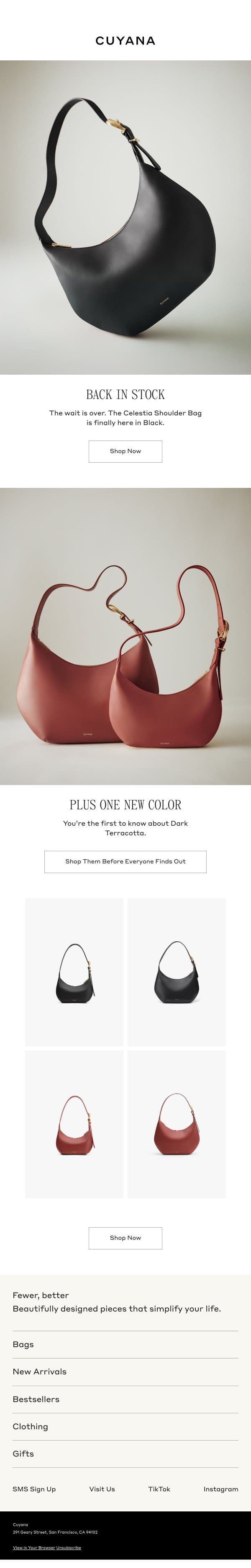 Back in Stock + New Colors email from Cuyana screenshot
