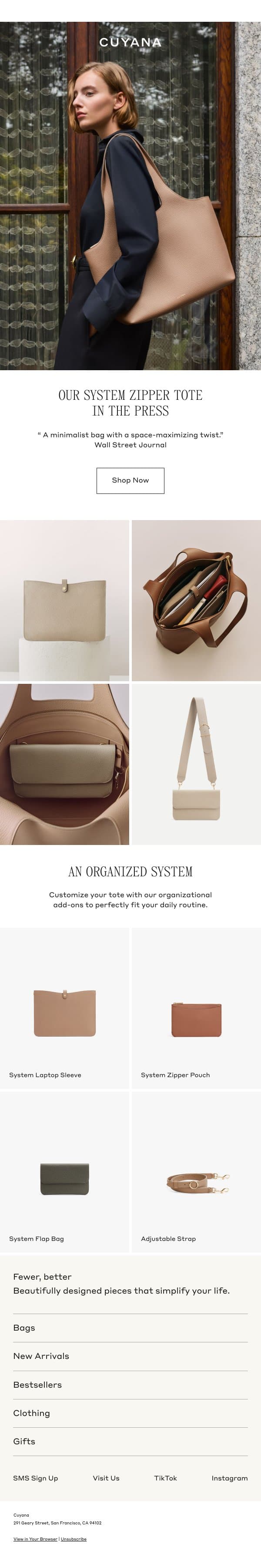 Hot Off the Press: The System Zipper Tote email from Cuyana screenshot