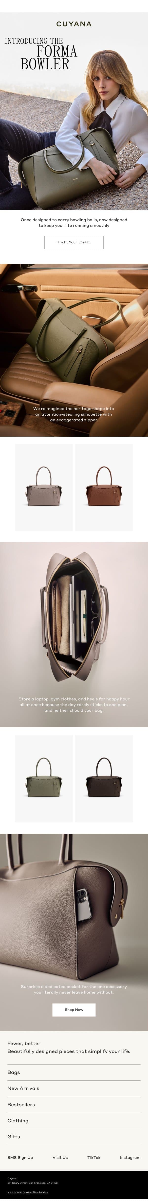 Introducing the Forma Bowler Bag email from Cuyana screenshot