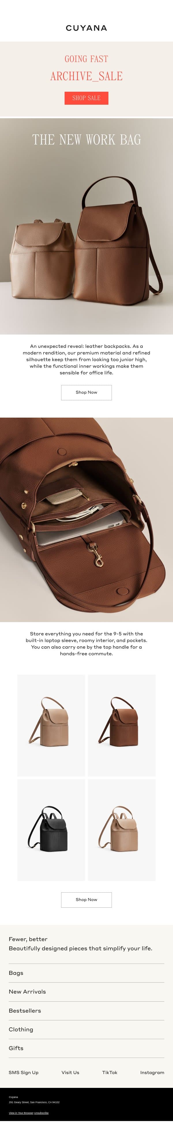 Leather Backpacks email from Cuyana screenshot
