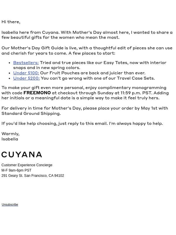 Complimentary Monogramming Through Sunday email from Cuyana screenshot