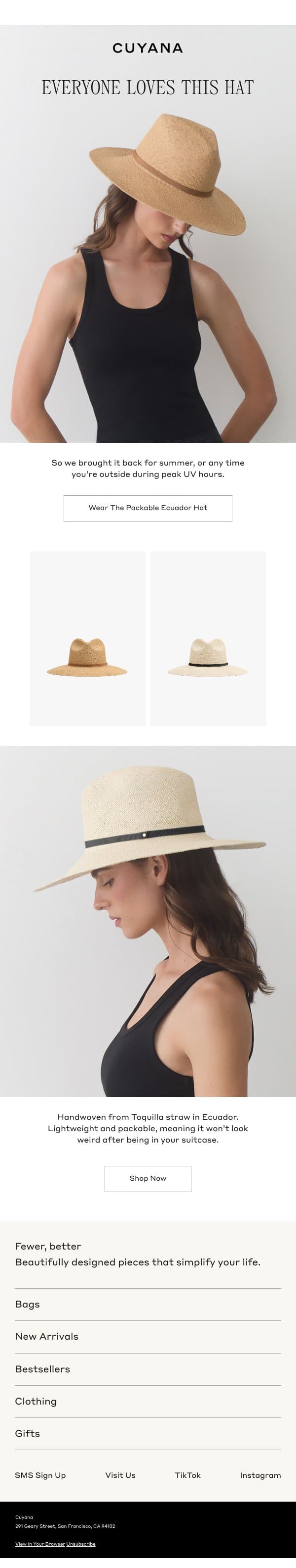 The Hat of All Hats is Back email from Cuyana screenshot