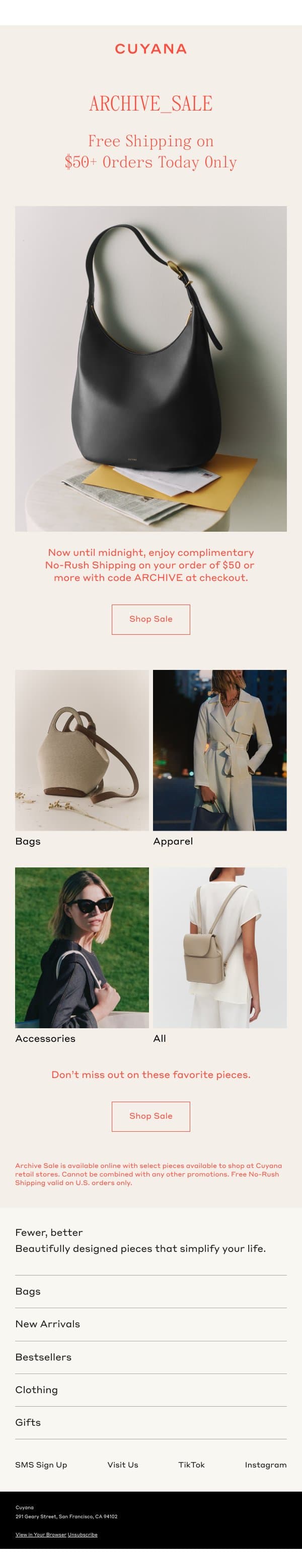 Free No-Rush Shipping email from Cuyana screenshot