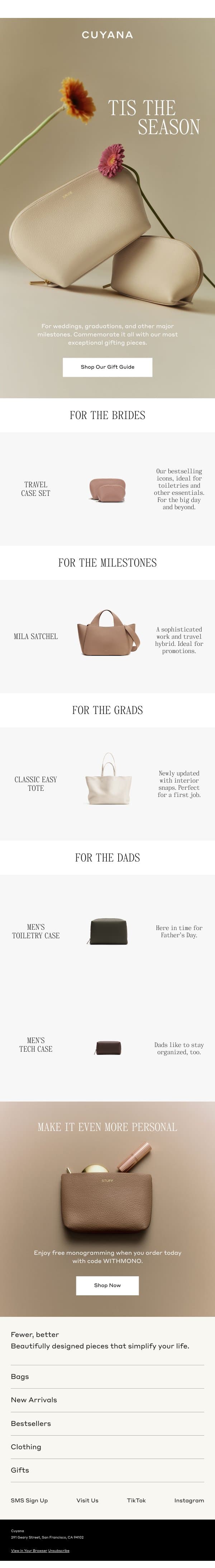 For Grads, Dads, Brides, and Promotions email from Cuyana screenshot
