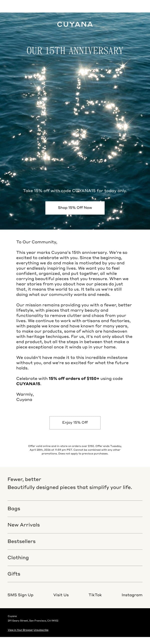 15% Off Starts Now email from Cuyana screenshot