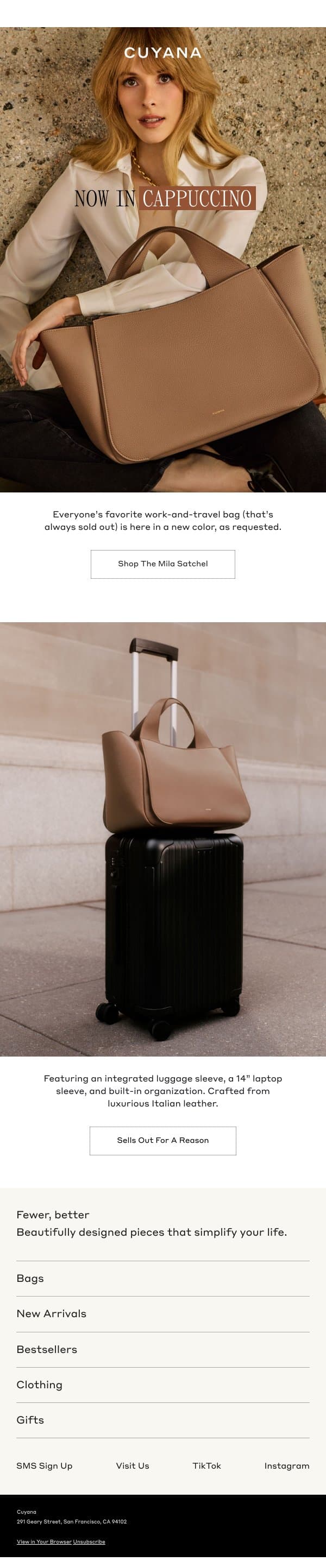 New Color Alert: Mila Satchel email from Cuyana screenshot