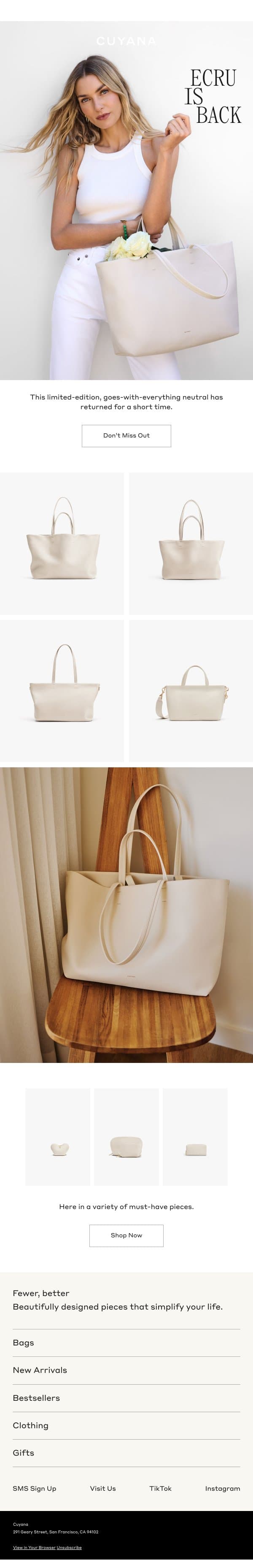 Back in Stock: Ecru email from Cuyana screenshot