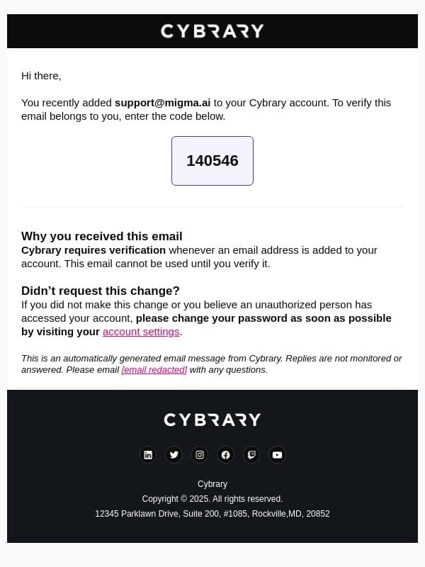 Verify Your Email Address email from Cybrary screenshot